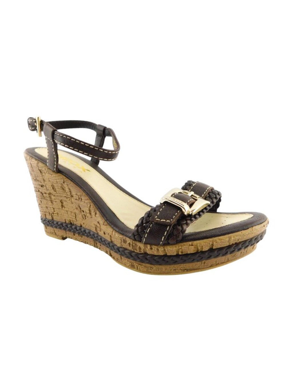 GEOX Buckled Brown Braided Leather Ankle Strap Wedge Heel Sandals 36